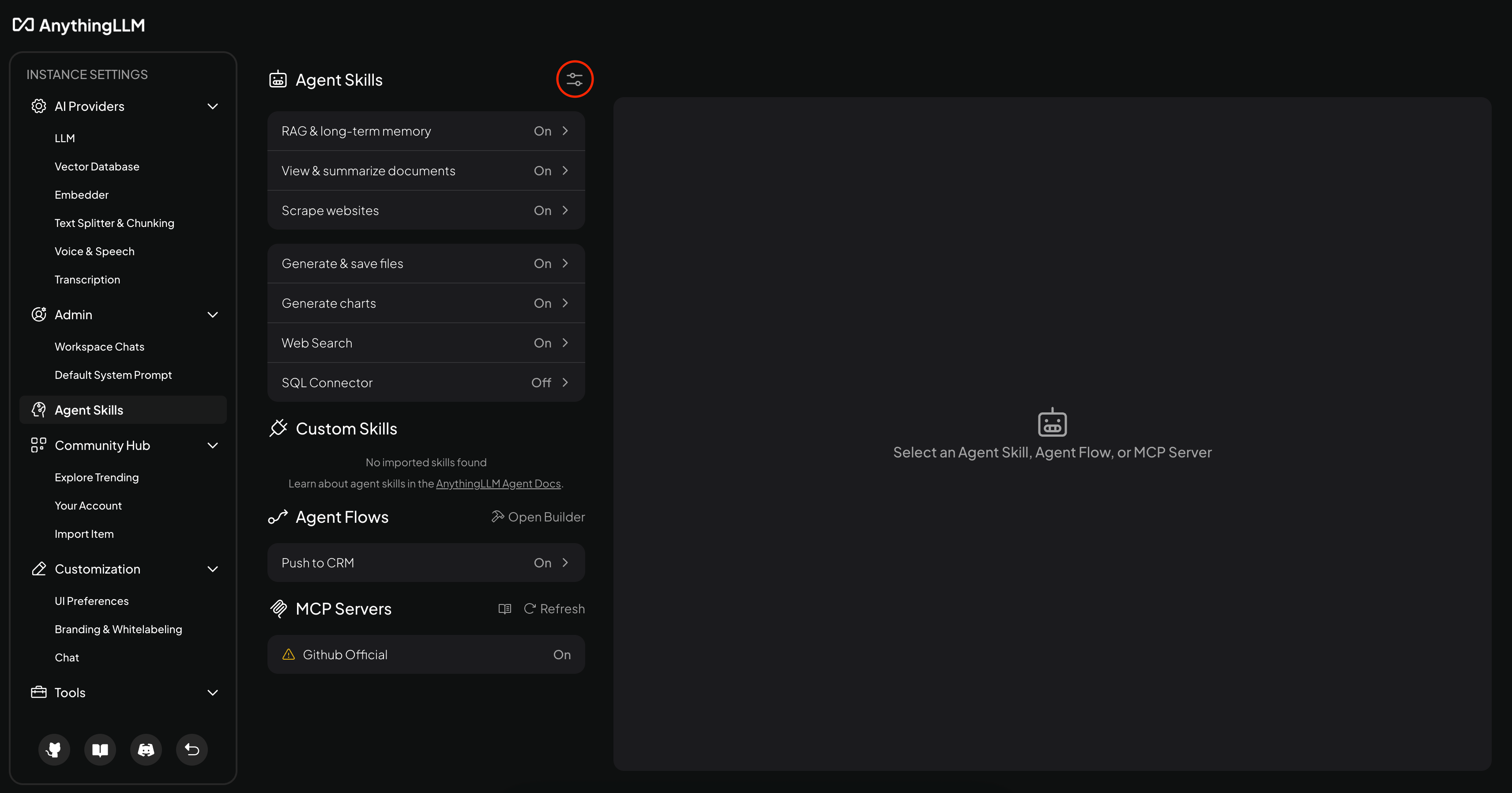 AnythingLLM Agent Settings Menu Icon Location