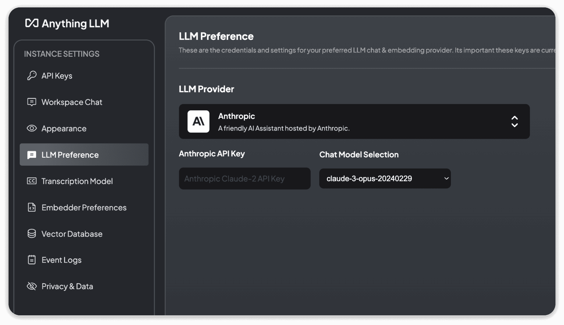 Anthropic LLM settings