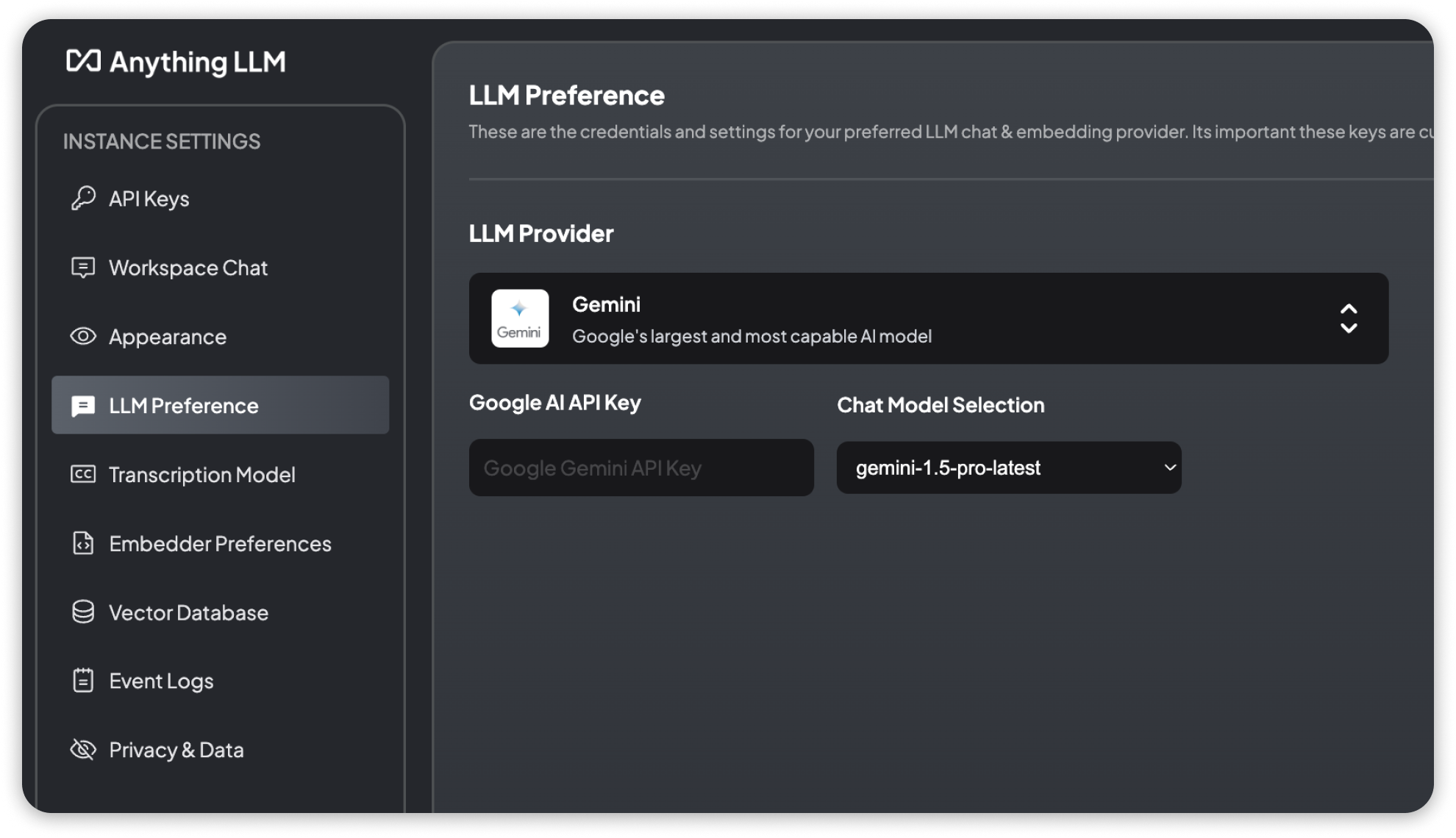 Google Gemini LLM settings