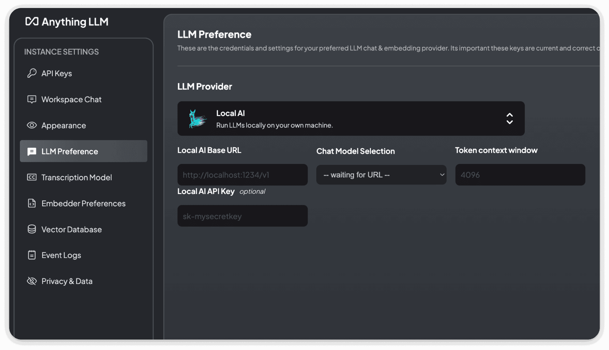 Local AI LLM settings