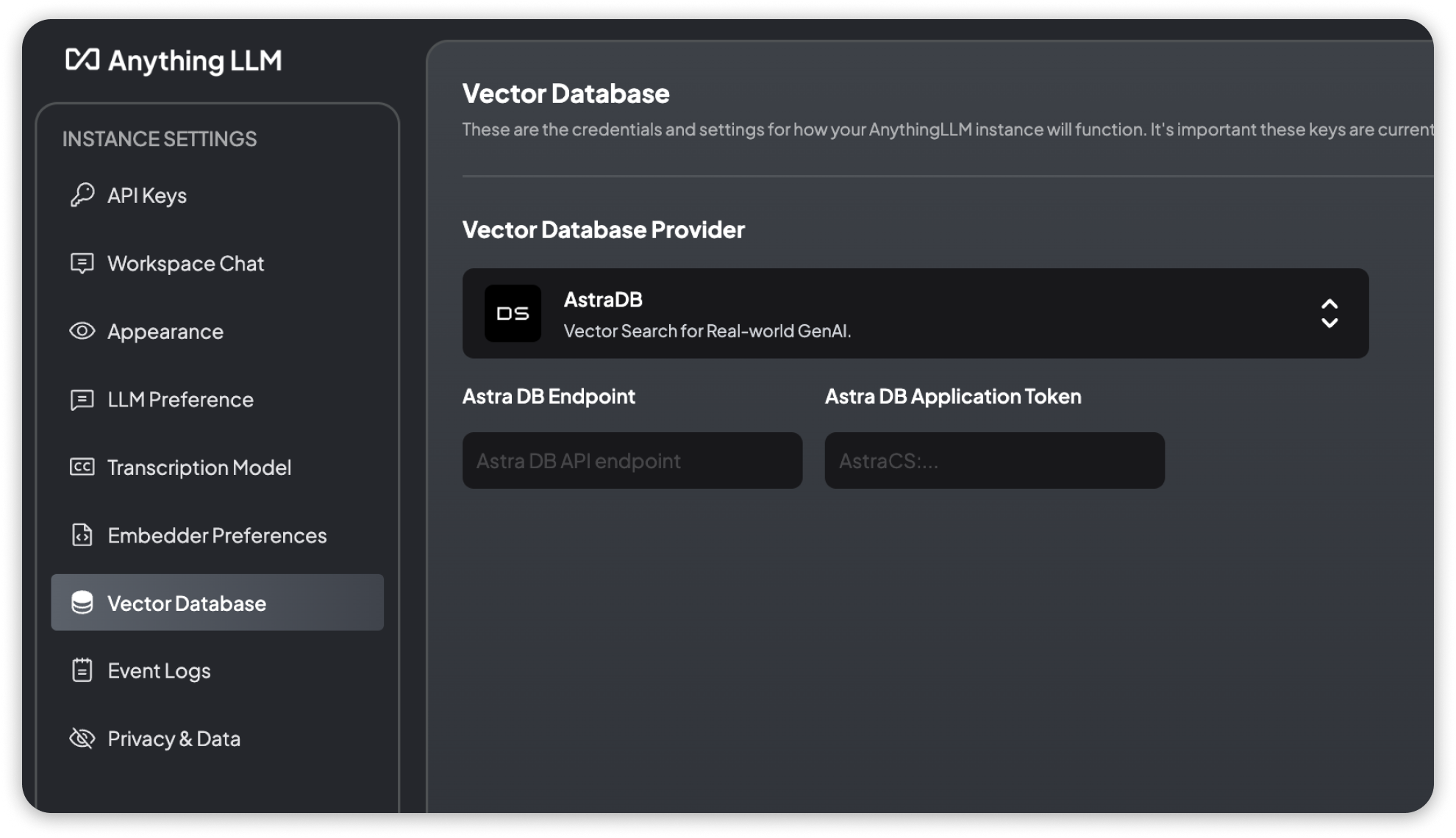 AstraDB Vector Database Settings