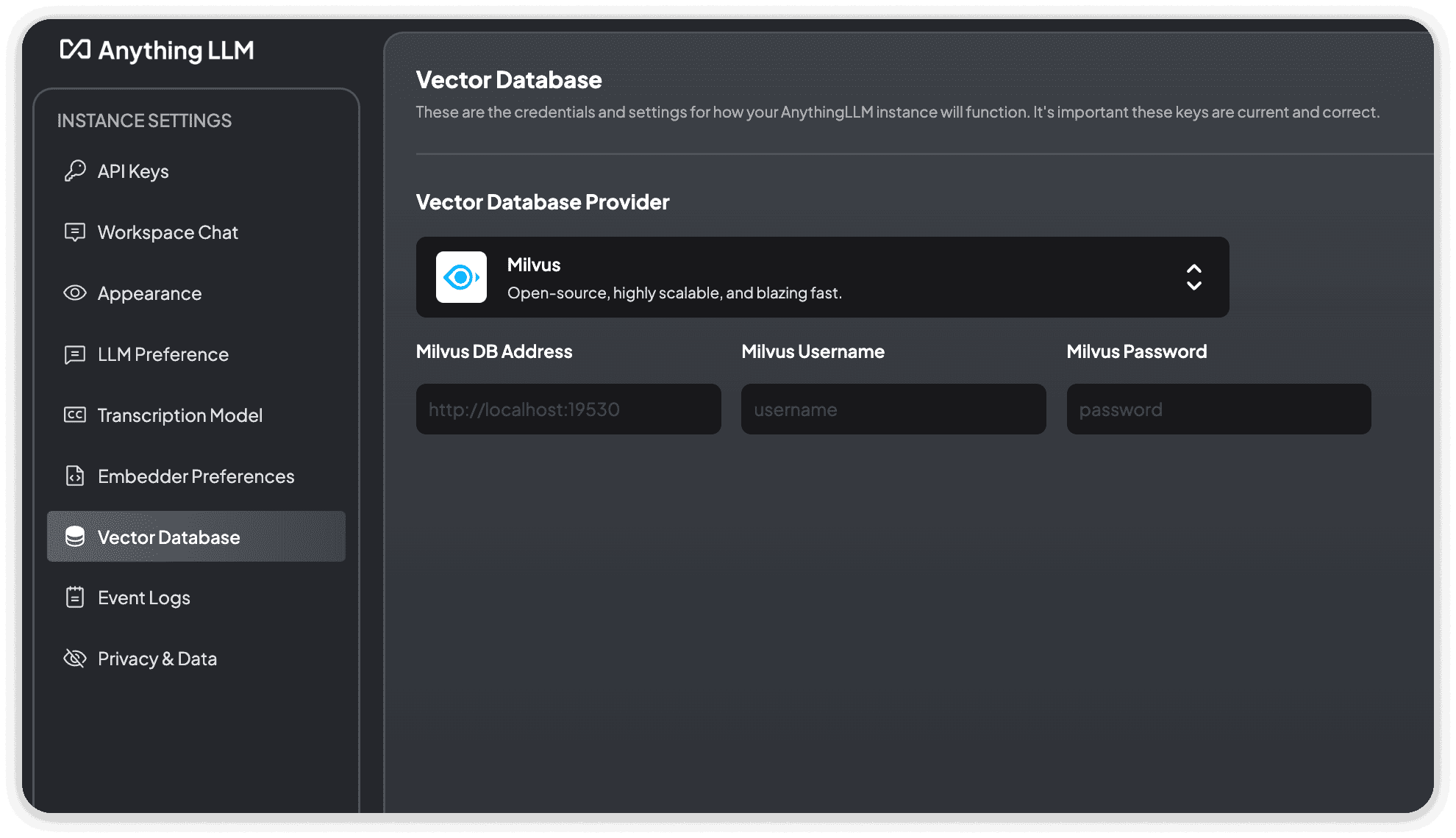 Milvus vector database anythingllm