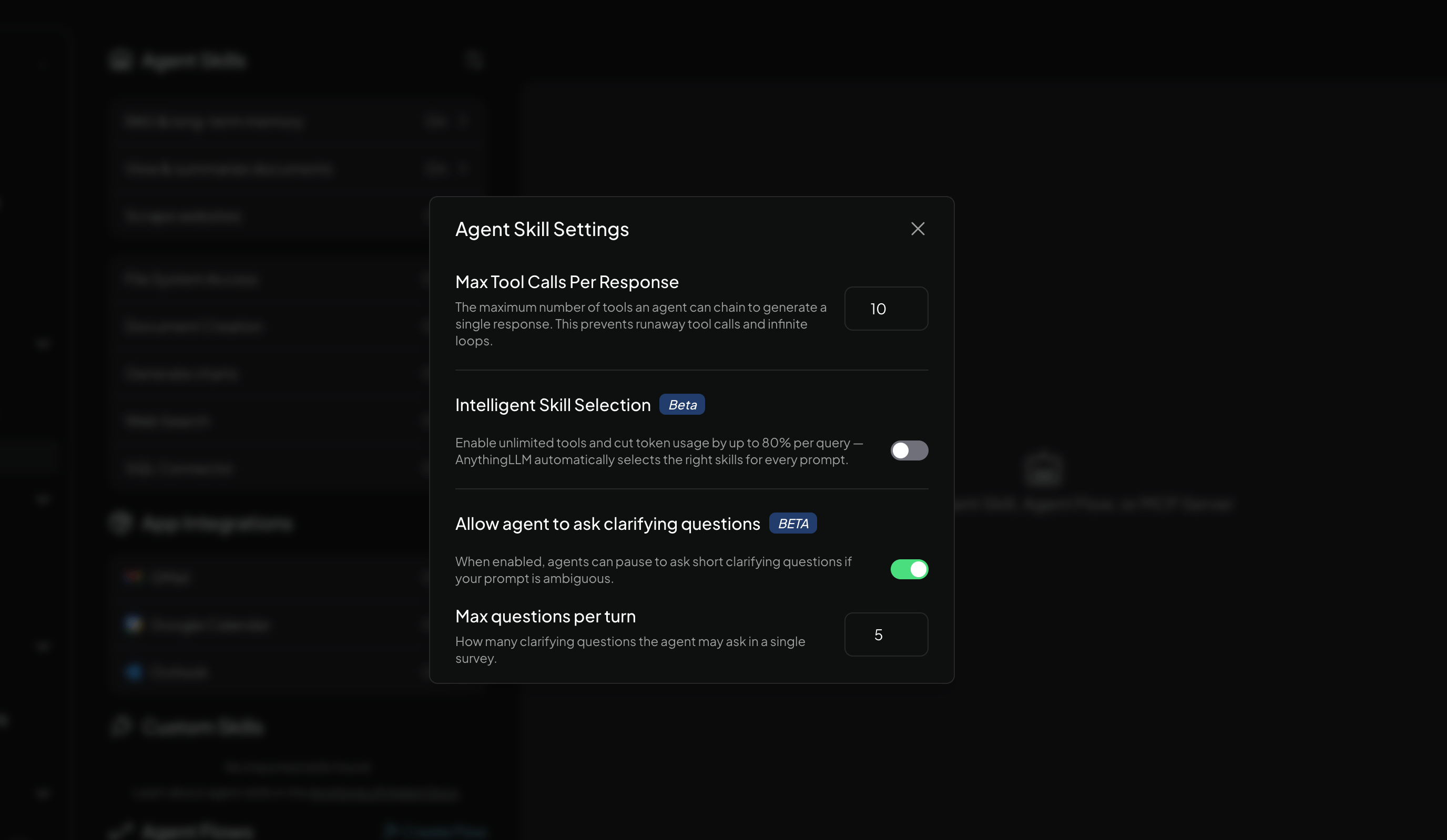 AnythingLLM Agent Settings Menu