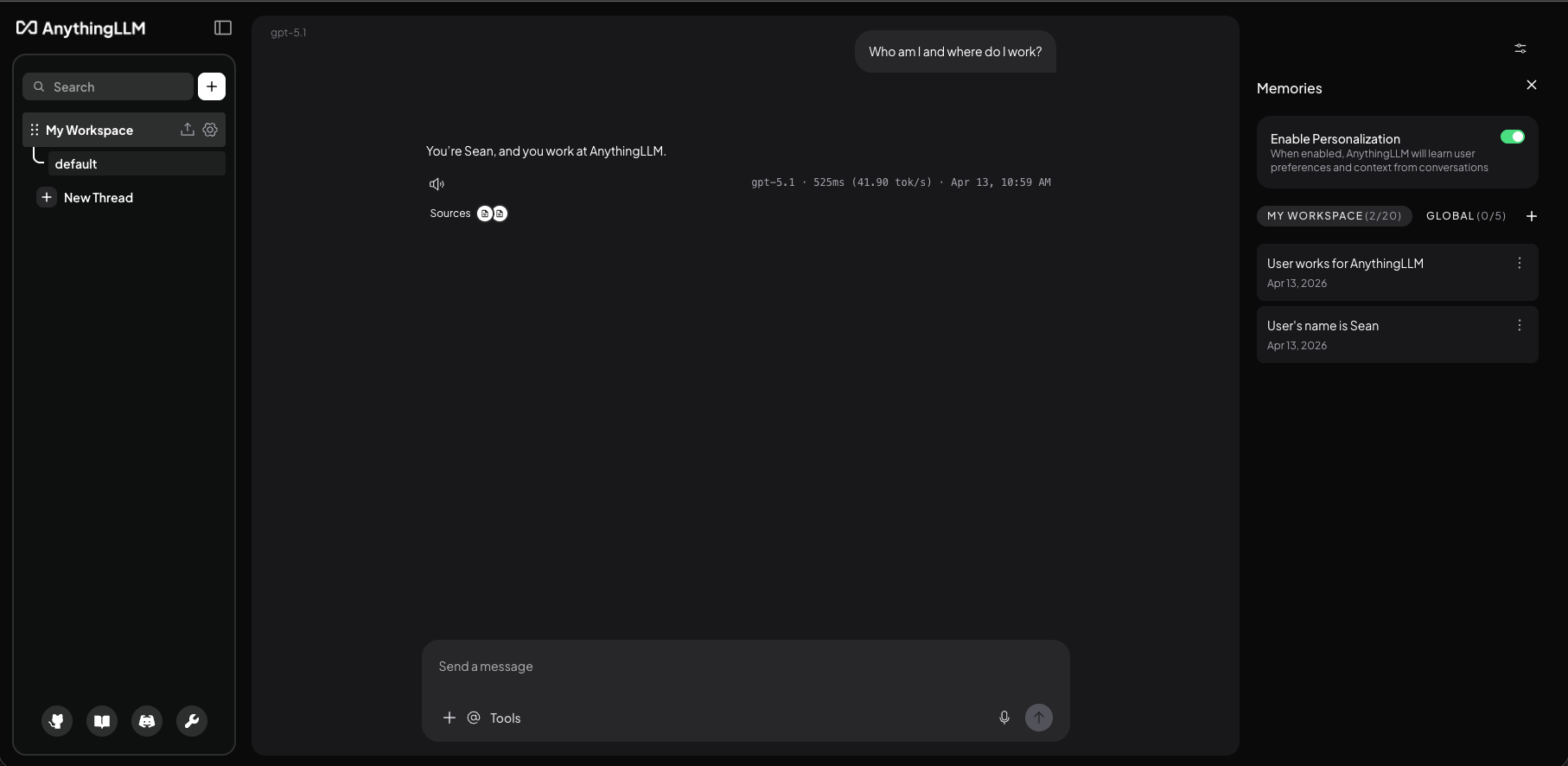 Memories sidebar showing the Personalization toggle, workspace and global tabs, and memory cards