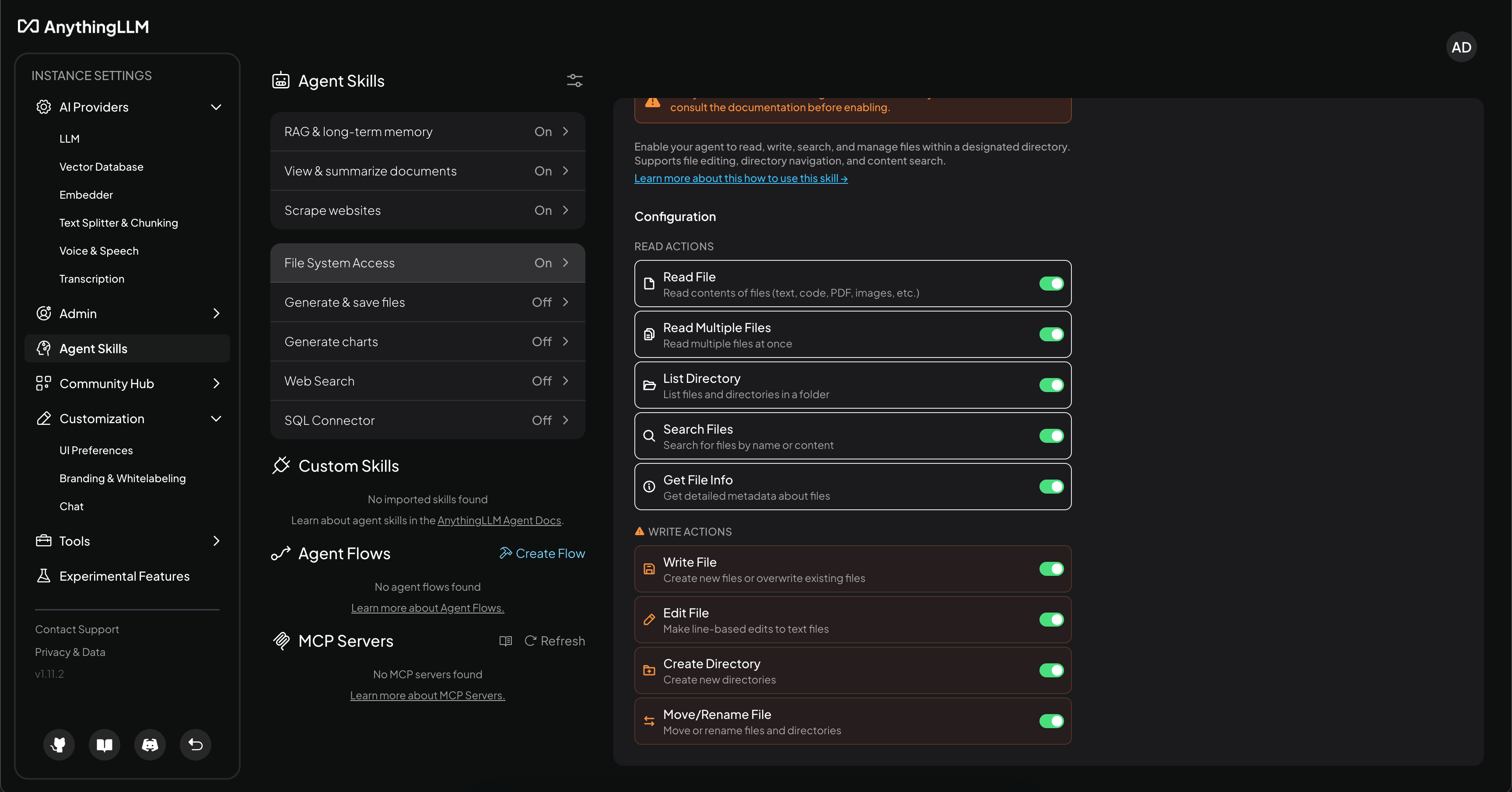 AnythingLLM AI Agents File Search Agent Options