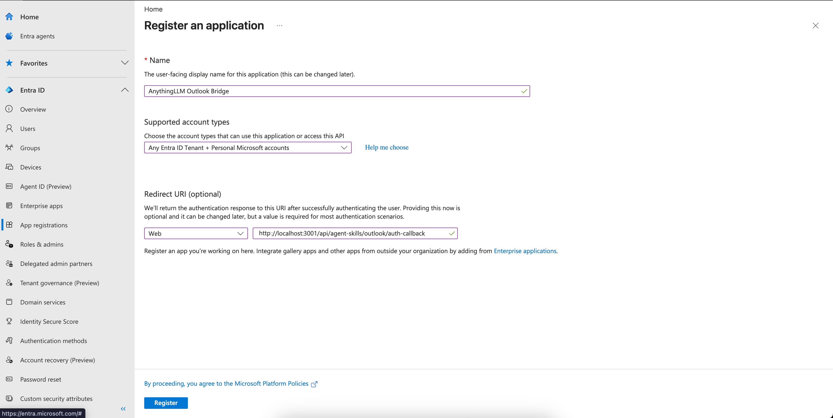 AnythingLLM AI Agents Outlook Agent Register App