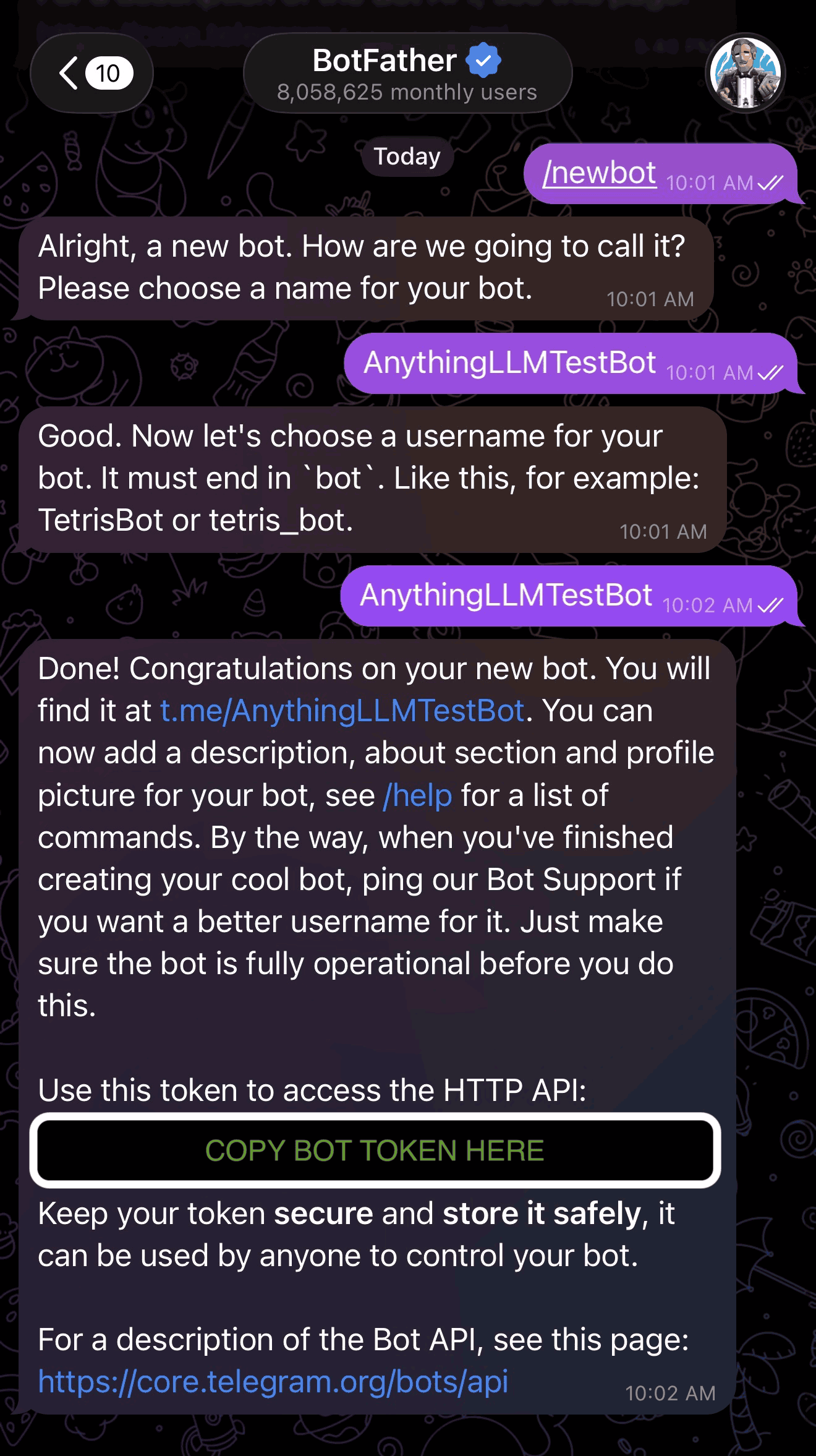 AnythingLLM Telegram setup - BotFather instructions