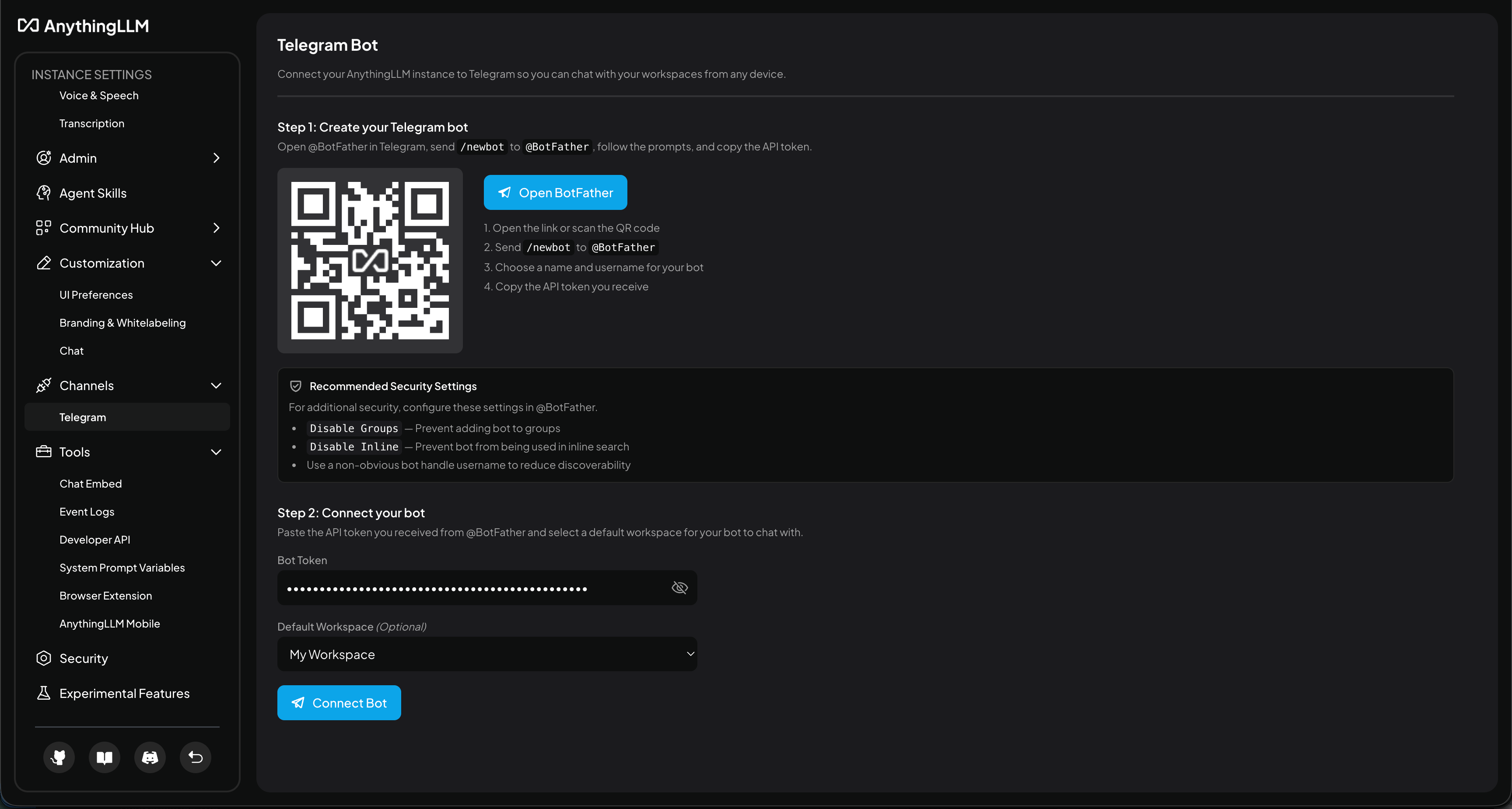 AnythingLLM Telegram setup - connect bot token