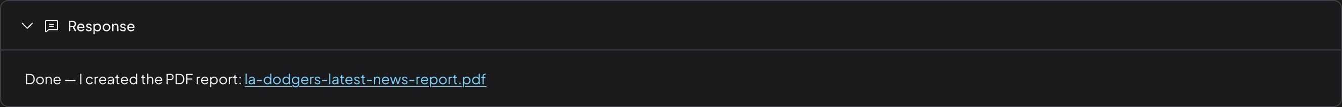 Expanded Response section showing the agent's final markdown-rendered reply