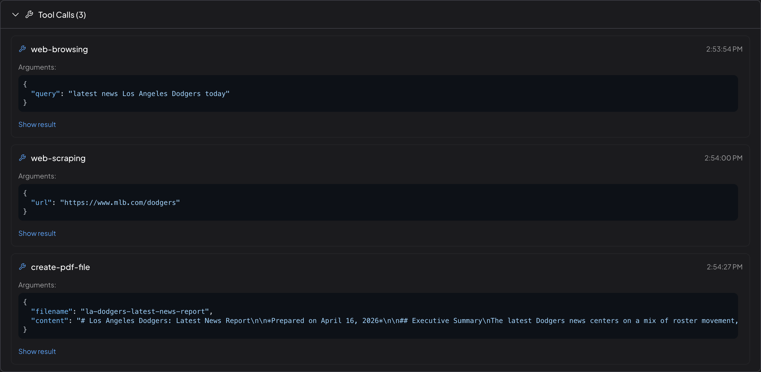 Expanded Tool Calls section showing three tool invocations with their arguments and Show result toggles
