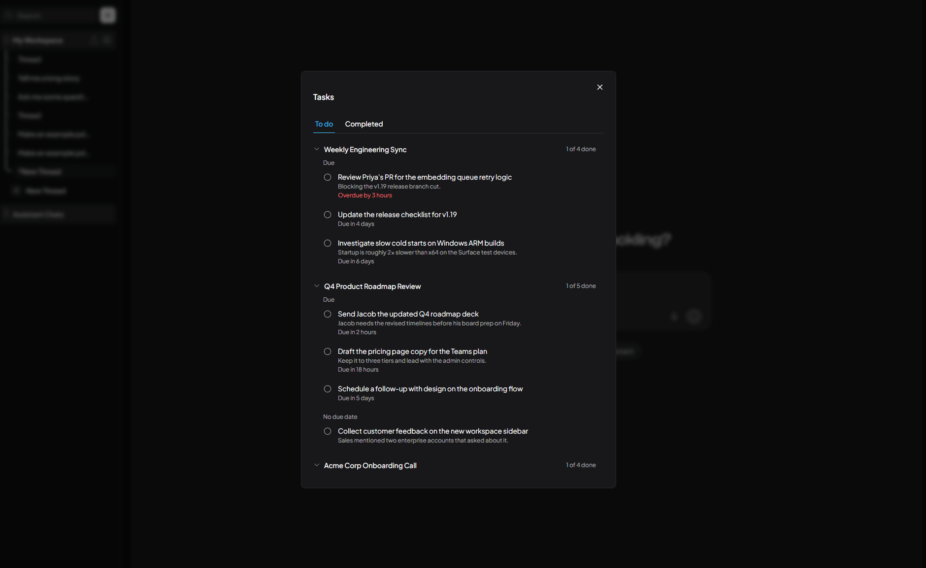 AnythingLLM task inbox showing follow-up tasks grouped by meeting