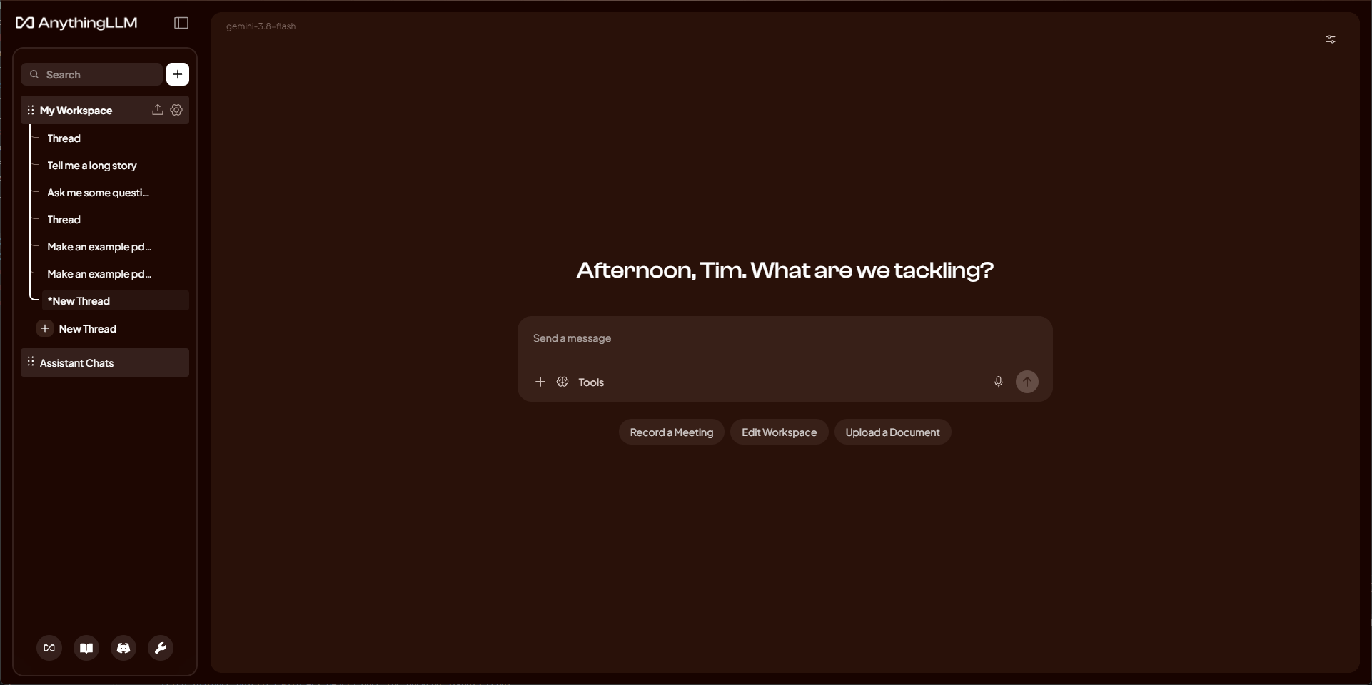 AnythingLLM home screen with the Ember color palette