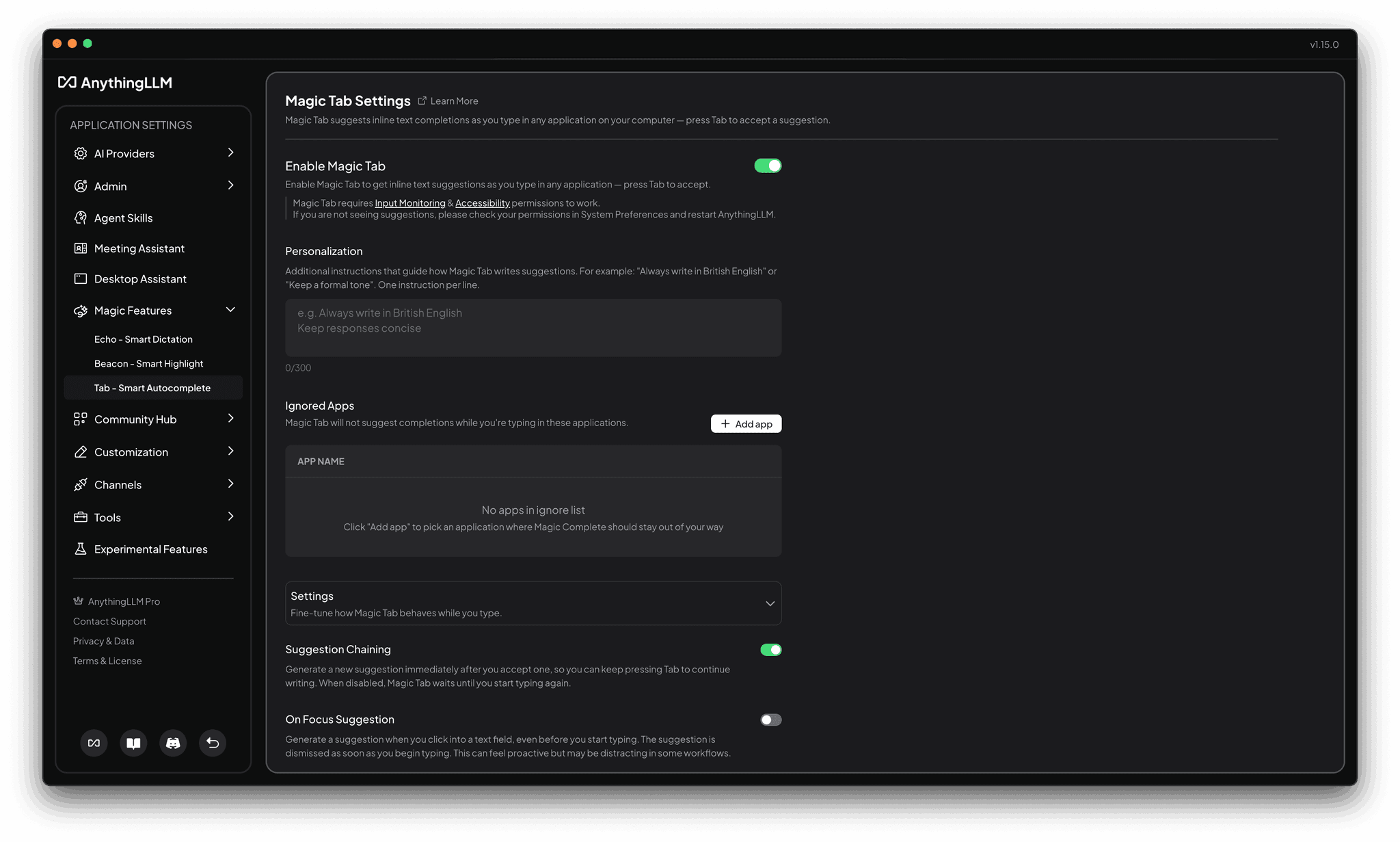 Magic Tab Settings