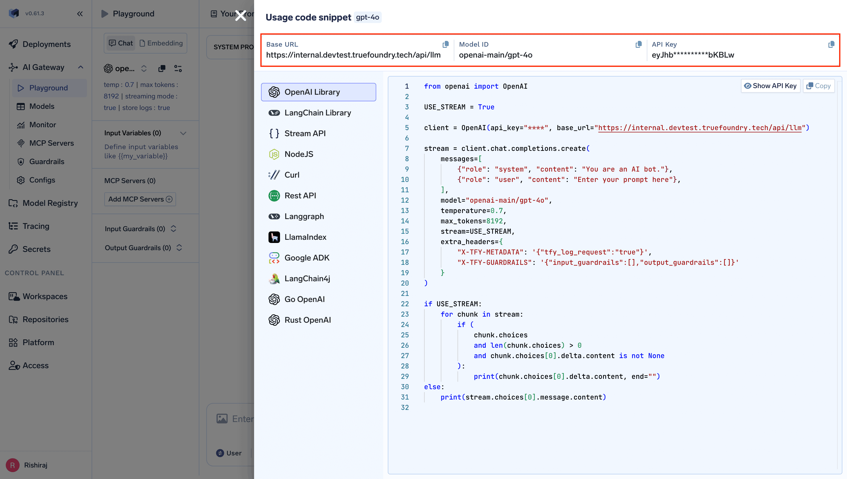 Get API key, Base URL and Model Name from Unified Code Snippet